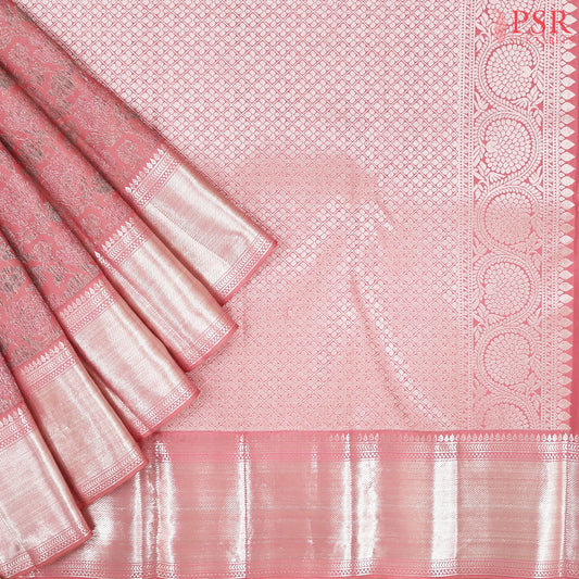 Flamingo Peach Kanchipuram Jacquard Silk Saree