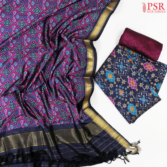 Midnight Blue Soft Patola Silk Cotton Dress Material
