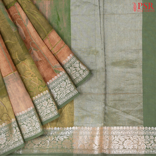 Cider Orange & Olive Green Chiniya Silk Saree