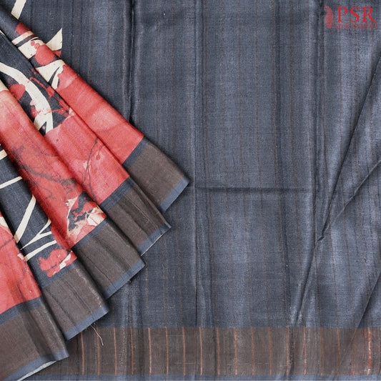 Dark Spruce Blue & Red Tussar Silk Saree