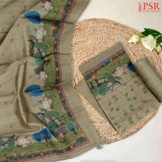 Olive Semi Dupion Dress Material