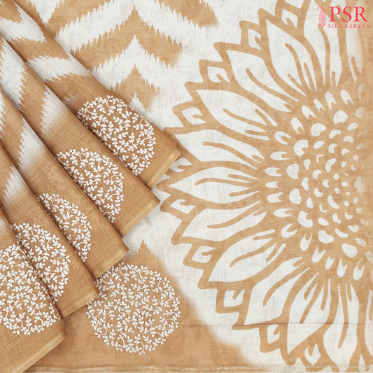 Beige & Buff Orange Linen Tissue Embroidery Saree