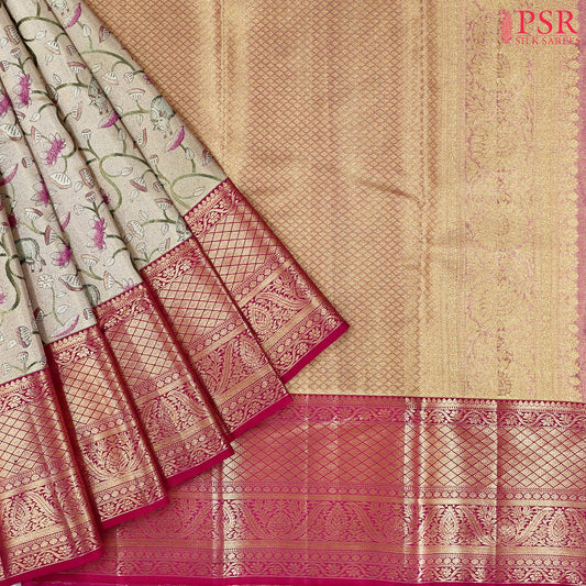 Golden Beige Kanchipuram Jacquard Tissue Silk Saree