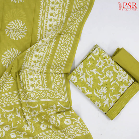 Olive Yellow Cotton Embroidery Dress Material