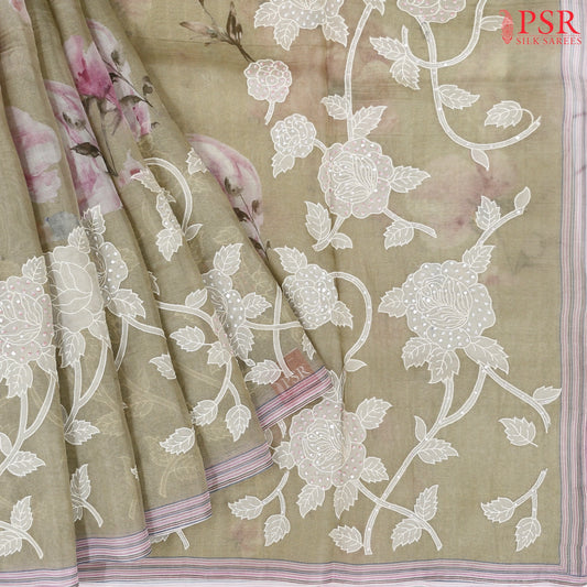 Greyish Olive Pashmina Organza Embroidery Saree
