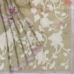 Greyish Olive Pashmina Organza Embroidery Saree