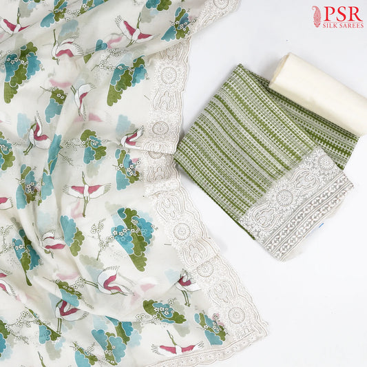 Floral White & Green Silk Cotton Dress Material