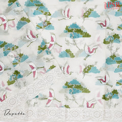 Floral White & Green Silk Cotton Dress Material