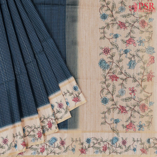Dark Prussian Blue Semi Tussar Saree