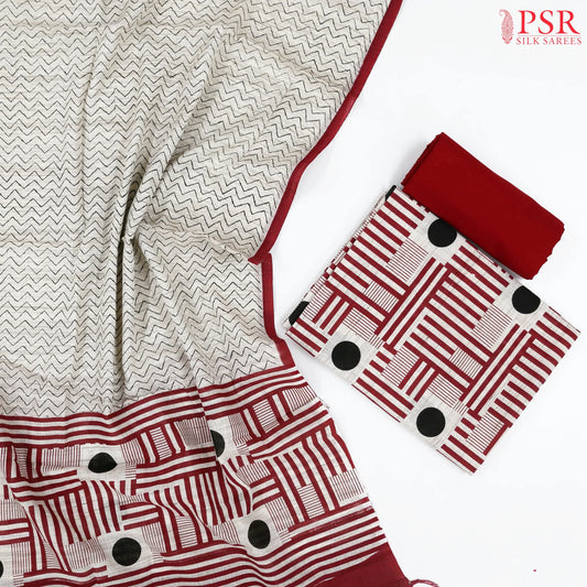 Beige & Dark Red Cotton Dress Material