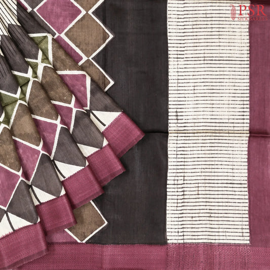 Beige & Tyrian Purple Munga Silk Saree