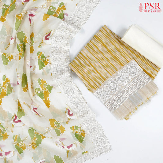 Floral White & Mustard Yellow Silk Cotton Dress Material