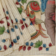 Beige Tissue Linen Embroidery Saree