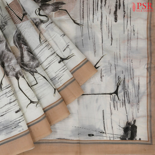 Floral White & Vintage Peach Chiniya Silk Saree