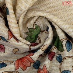 Beige Tissue Linen Embroidery Saree