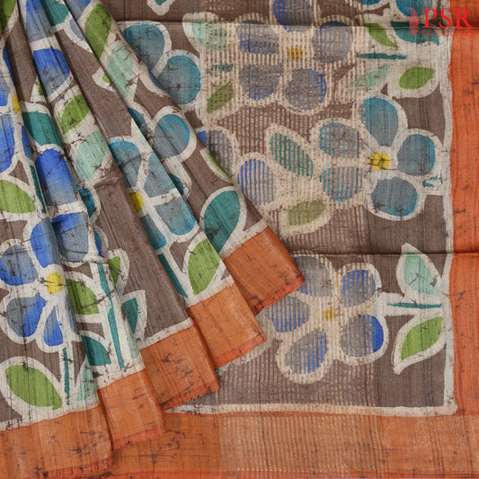 Dark Taupe Grey Ghicha Kadhi Tussar Silk Saree