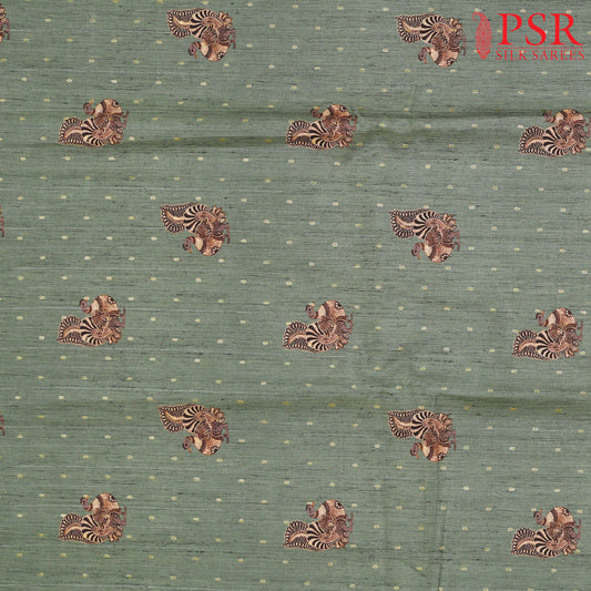 Dark Sage Green Semi Tassar Print Running Material
