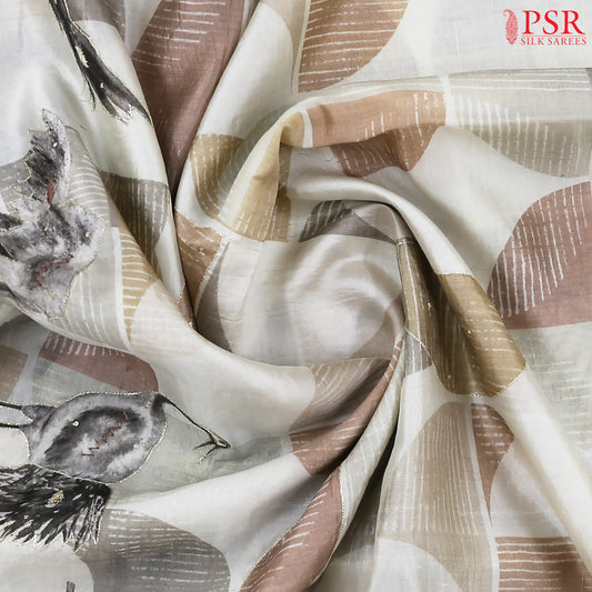Floral White & Vintage Peach Chiniya Silk Saree