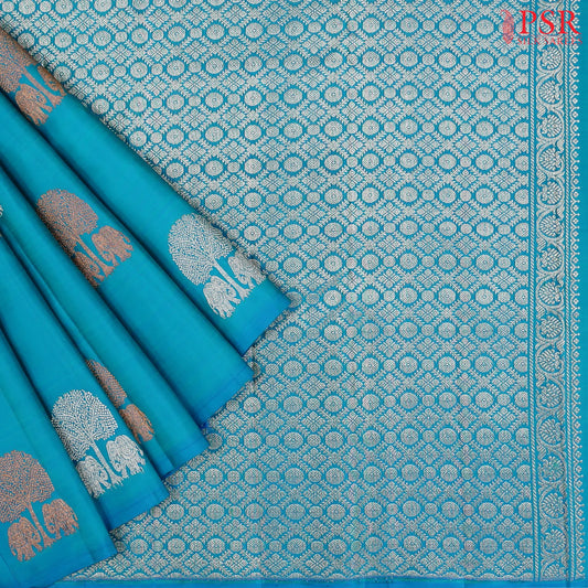 Peacock Blue & Pear Green Kanchipuram Half & Half Silk Saree