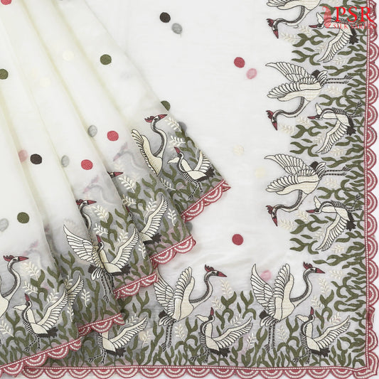 Pearl White Organza Embroidery Saree