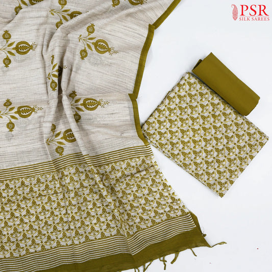 Beige & Olive Khaki Cotton Dress Material