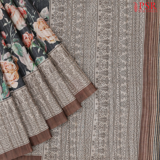 Charcoal Grey Semi Dupion Saree