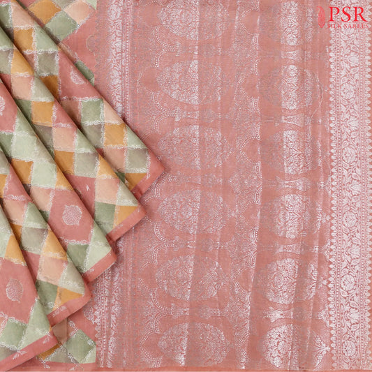 Coral Pink Chiniya Silk Saree