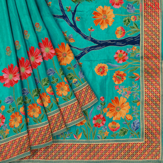 Dark Turquoise Semi Banaras Saree