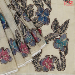 Beige Tissue Linen Embroidery Saree