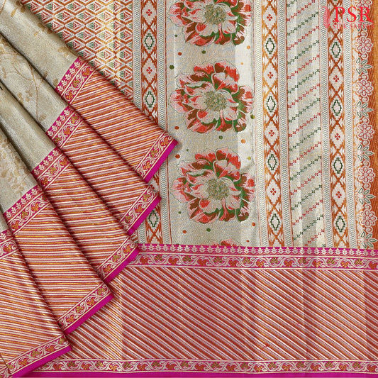 Golden Beige Kanchipuram Jacquard Tissue Silk Saree