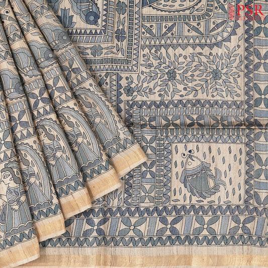 Hazelnut Beige & Peacock Blue Kadhi Tussar Silk Saree