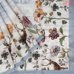 Floral White & Cool Blue Chiniya Silk Saree