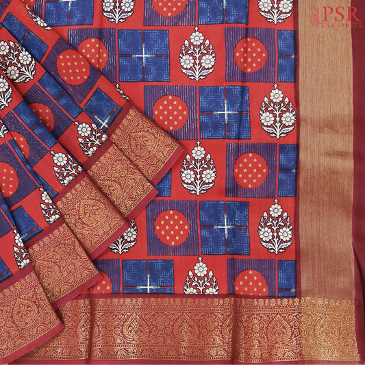 Red & Blue Chanderi Silk Cotton Saree