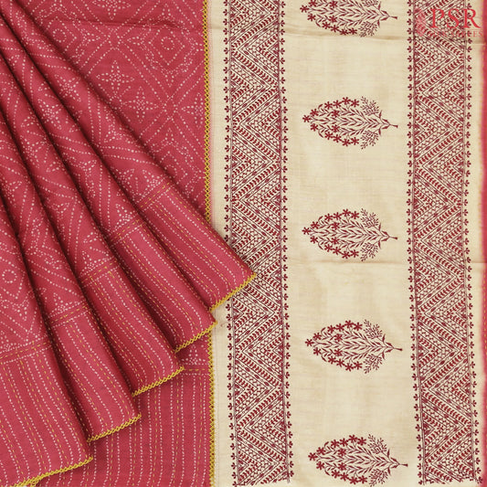 Desire Red Kadhi Tussar Embroidery Silk Saree