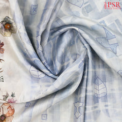 Floral White & Cool Blue Chiniya Silk Saree