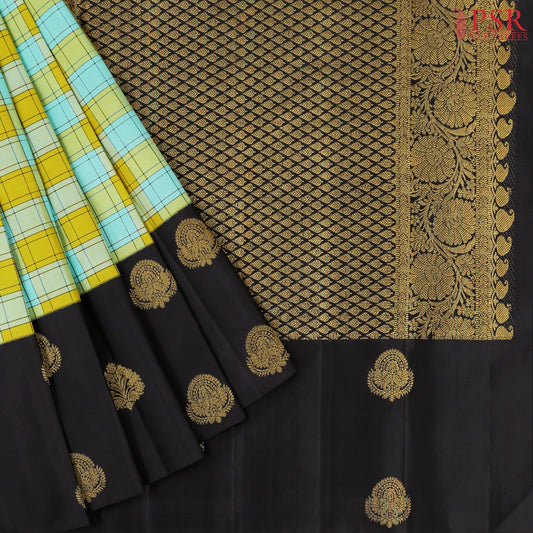 Turquoise Blue & Mustard Yellow Kanchipuram Silk Saree
