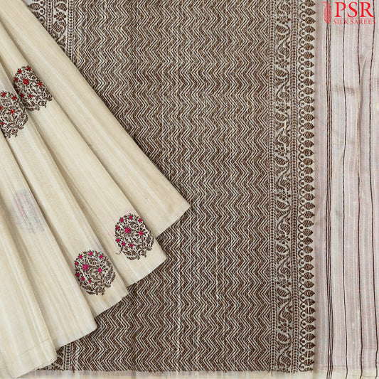 Beige Banaras Jute Silk Saree