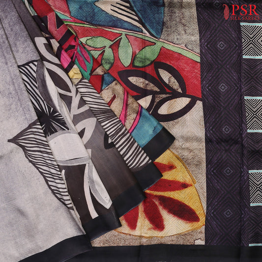 Grey & Multicolor Murshidabad Silk Saree
