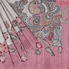 Light Grey Semi Tussar Embroidery Saree