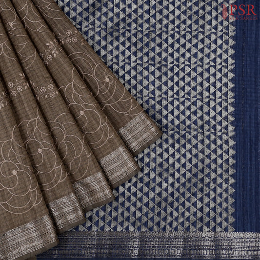 Dark Taupe Semi Tussar Embroidery Saree