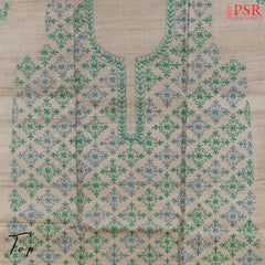 Beige & Basil Green Tussar Silk Dress Material