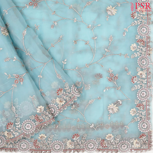 Sky Blue Organza Laser Embroidery Saree