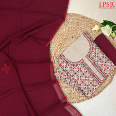 Beige & Wine Red Tussar Silk Dress Material
