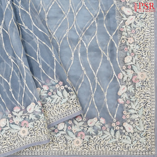 Pearl Blue Georgette Laser Embroidery Saree