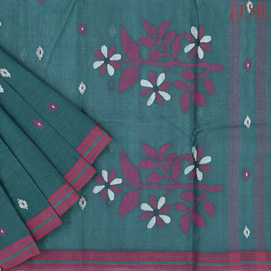 Dark Teal Blue Bengal Cotton Saree