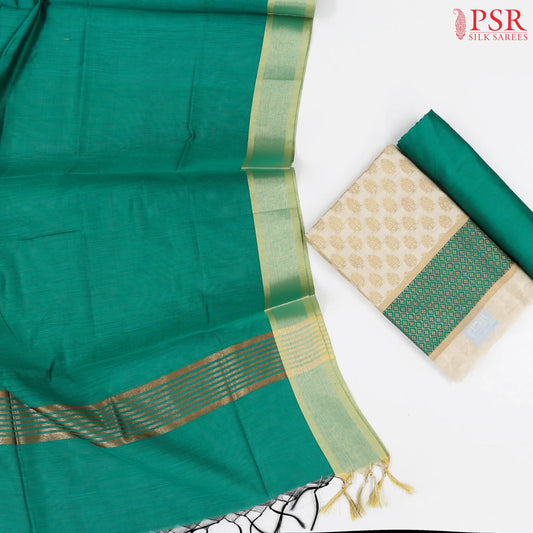 Beige & Emerald Green Banaras Silk Cotton Dress Material