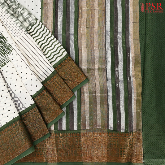 Beige & Jungle Green Chanderi Silk Cotton Saree