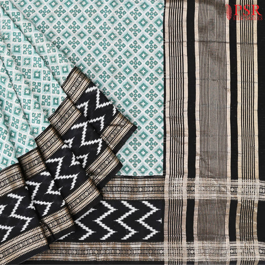 White & Sea Green Assam Saree