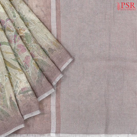 Floral Beige Linen Saree
