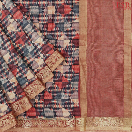 Grey & Red Munga Silk Saree